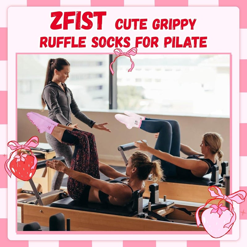 ZFiSt Pilates Socks with Grips for Women,4Pairs Ruffle Yoga Sock Cute Cotton Grippy Socks for Barre Workout Non Slip 5-10in - Image 3